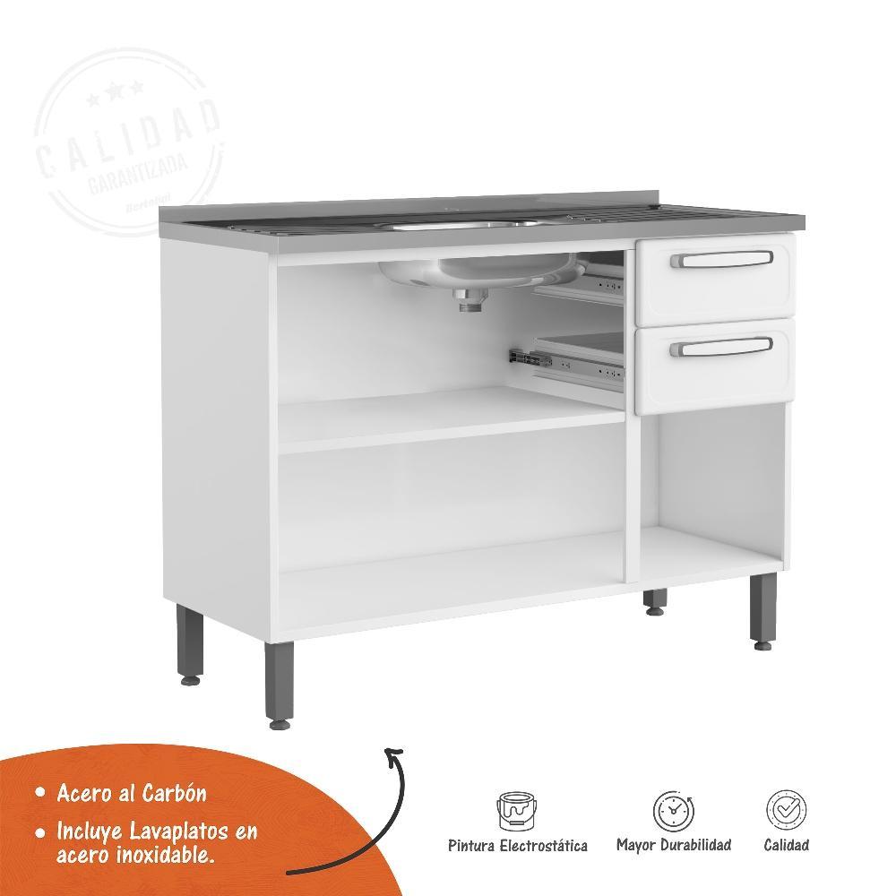 Mueble Inferior Blanco 120x89cm con Mesón de Acero Al Carbon y con Pozuelo Lado Centro - Cocinas | Bylmo