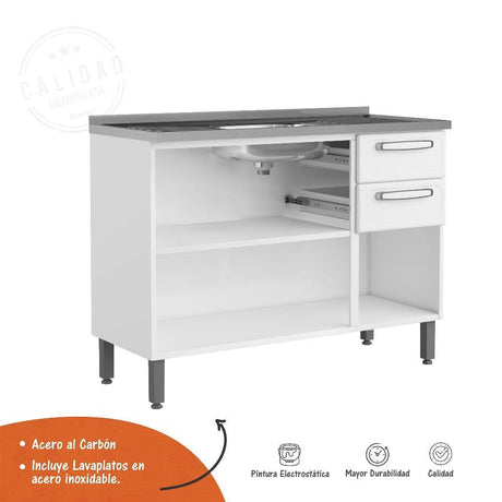 Mueble Inferior Blanco 120x89cm con Mesón de Acero Al Carbon y con Pozuelo Lado Centro - Cocinas | Bylmo
