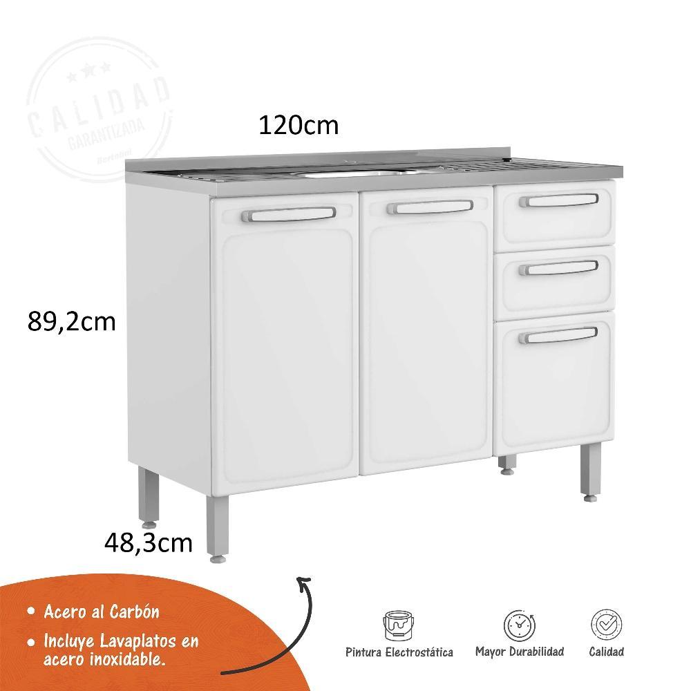 Mueble Inferior Blanco 120x89cm con Mesón de Acero Al Carbon y con Pozuelo Lado Centro - Cocinas | Bylmo