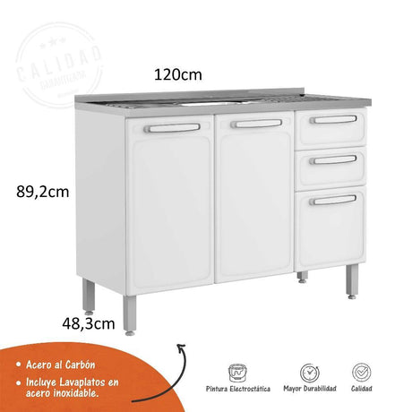 Mueble Inferior Blanco 120x89cm con Mesón de Acero Al Carbon y con Pozuelo Lado Centro - Cocinas | Bylmo