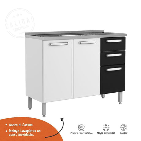 Mueble Inferior Blanco y Negro 120x89cm con Mesón de Acero Al Carbon y con Pozuelo Lado Centro - Cocinas | Bylmo