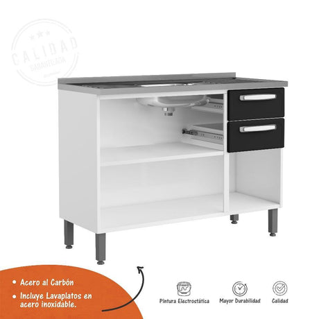 Mueble Inferior Blanco y Negro 120x89cm con Mesón de Acero Al Carbon y con Pozuelo Lado Centro - Cocinas | Bylmo