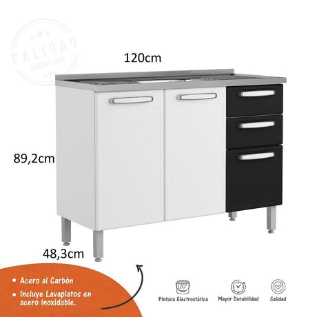 Mueble Inferior Blanco y Negro 120x89cm con Mesón de Acero Al Carbon y con Pozuelo Lado Centro - Cocinas | Bylmo