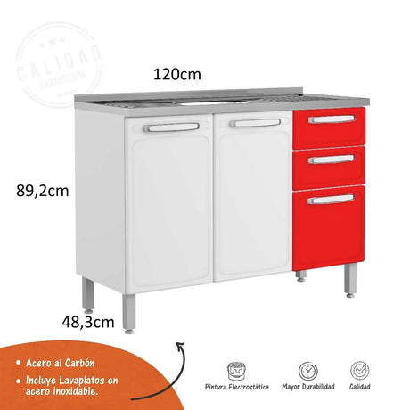 Mueble Inferior de Cocina Rojo 120x48cm con Dos Cajones y con Mesón Derecho de Acero Al Carbon - Cocinas | Bylmo