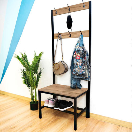 Mueble Recibidor Home Cafe y Negro 65 cm con Zapatero y Percheros - Bifes | Bylmo