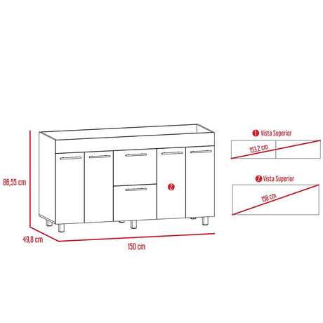 Mueble Inferior con Cuatro Puertas y Dos Cajones Luna Miel y Wengue 150 cm - Cocinas | Bylmo