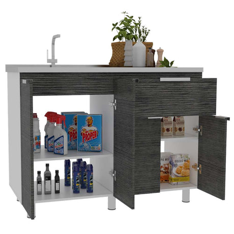 Mueble Inferior Fendi Roble Gris 120x88cm con Mesón de Acero Inoxidable y con Pozuelo Para Izquierdo O Derecho - Cocinas | Bylmo