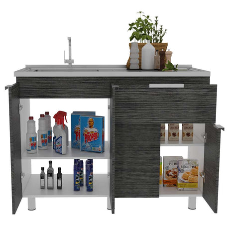 Mueble Inferior Fendi Roble Gris 120x88cm con Mesón de Acero Inoxidable y con Pozuelo Para Izquierdo O Derecho - Cocinas | Bylmo