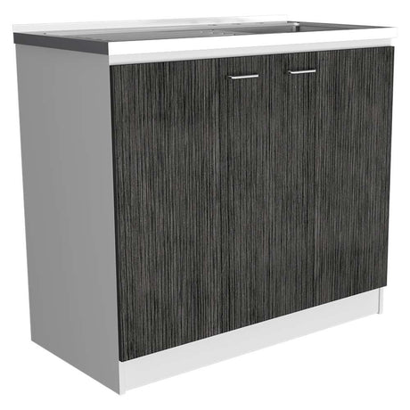 Mueble Inferior Napoles Blanco Nevado y Roble Gris 100x90cm con Mesón de Acero Inoxidable y con Pozuelo Lado Derecho - Cocinas | Bylmo