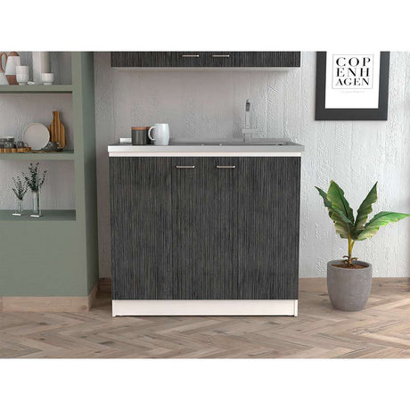 Mueble Inferior Napoles Blanco Nevado y Roble Gris 100x90cm con Mesón de Acero Inoxidable y con Pozuelo Lado Derecho - Cocinas | Bylmo
