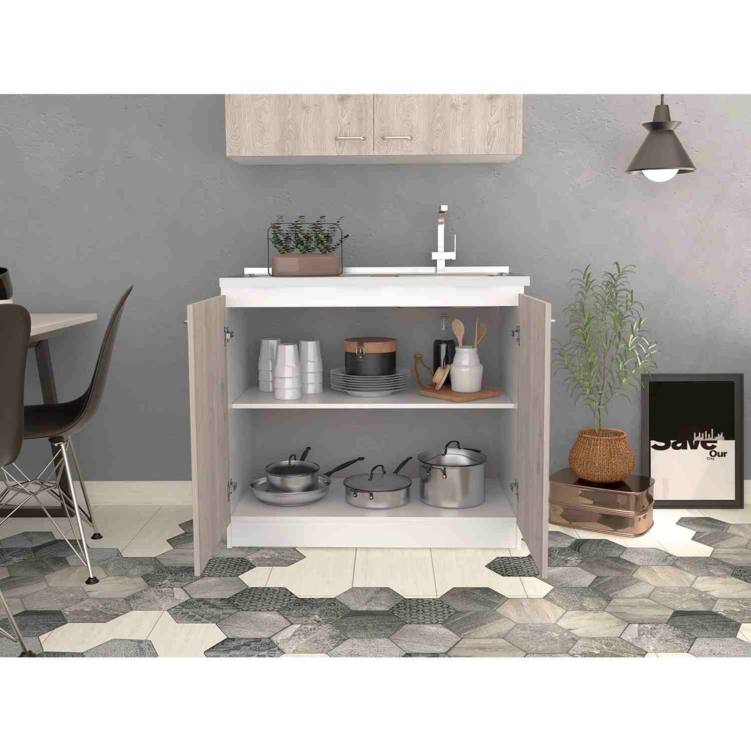 Mueble Inferior Napoles Blanco y Ceniza 100x90cm con Mesón de Acero Inoxidable y con Pozuelo Lado Derecho - Muebles Inferiores | Bylmo