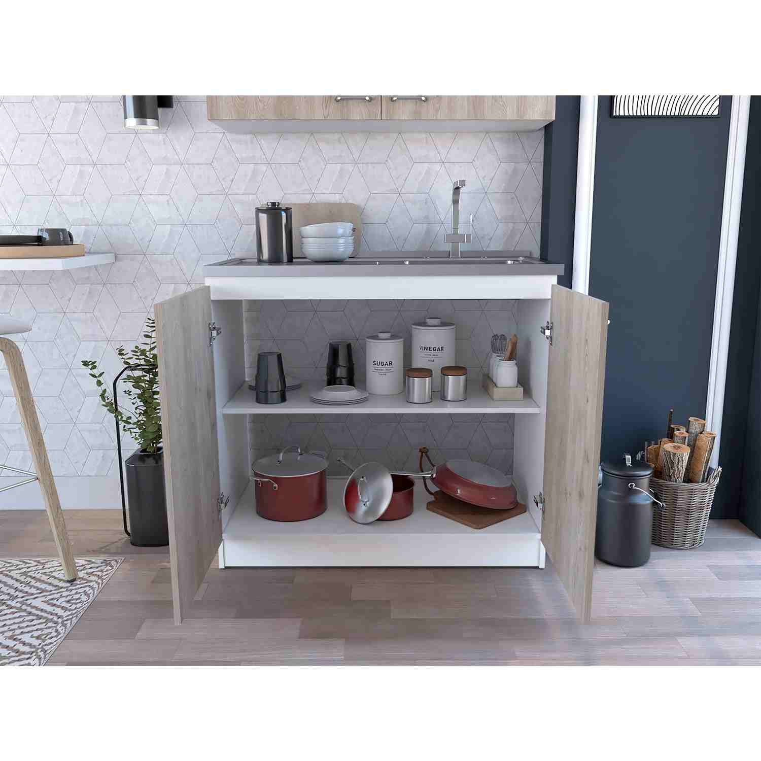 Mueble Inferior Napoles Blanco y Ceniza 100x90cm con Mesón de Acero Inoxidable y con Pozuelo Lado Derecho - Muebles Inferiores | Bylmo