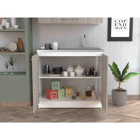 Mueble Inferior Napoles Blanco y Ceniza 100x90cm con Mesón de Acero Inoxidable y con Pozuelo Lado Derecho - Muebles Inferiores | Bylmo