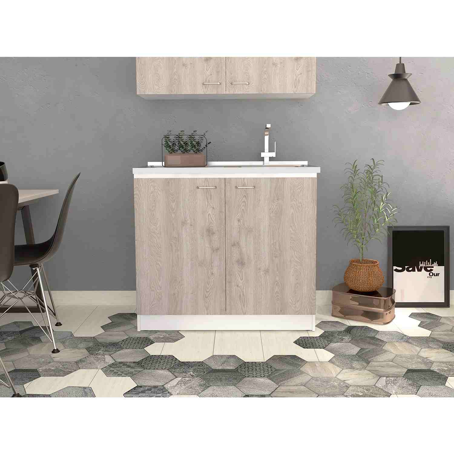 Mueble Inferior Napoles Blanco y Ceniza 100x90cm con Mesón de Acero Inoxidable y con Pozuelo Lado Derecho - Muebles Inferiores | Bylmo