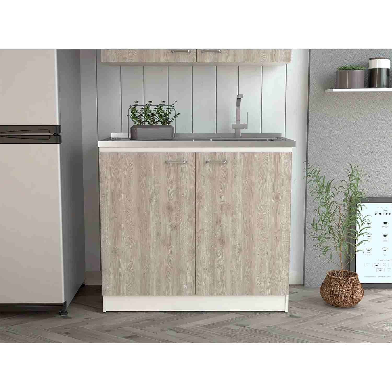 Mueble Inferior Napoles Blanco y Ceniza 100x90cm con Mesón de Acero Inoxidable y con Pozuelo Lado Derecho - Muebles Inferiores | Bylmo