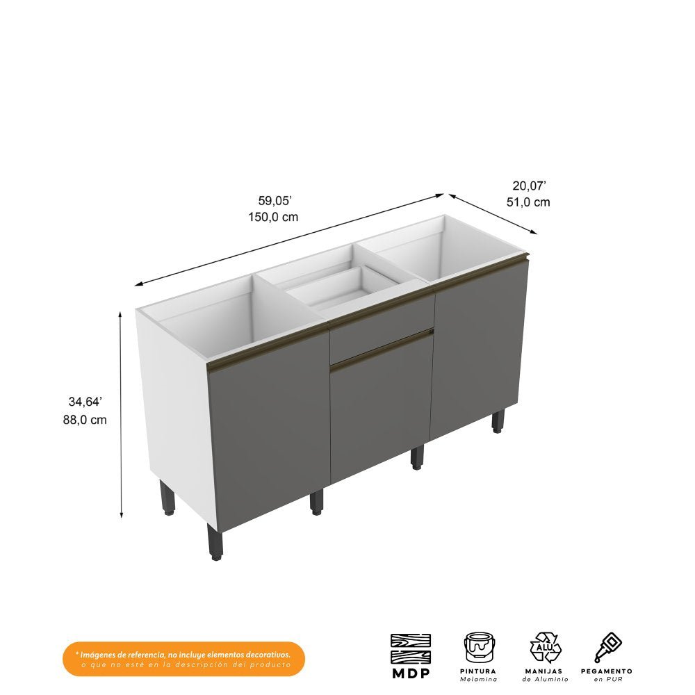 Mueble Inferior Santiago Grafito 150x88cm con Mesón de Madera y sin Pozuelo - Cocinas | Bylmo