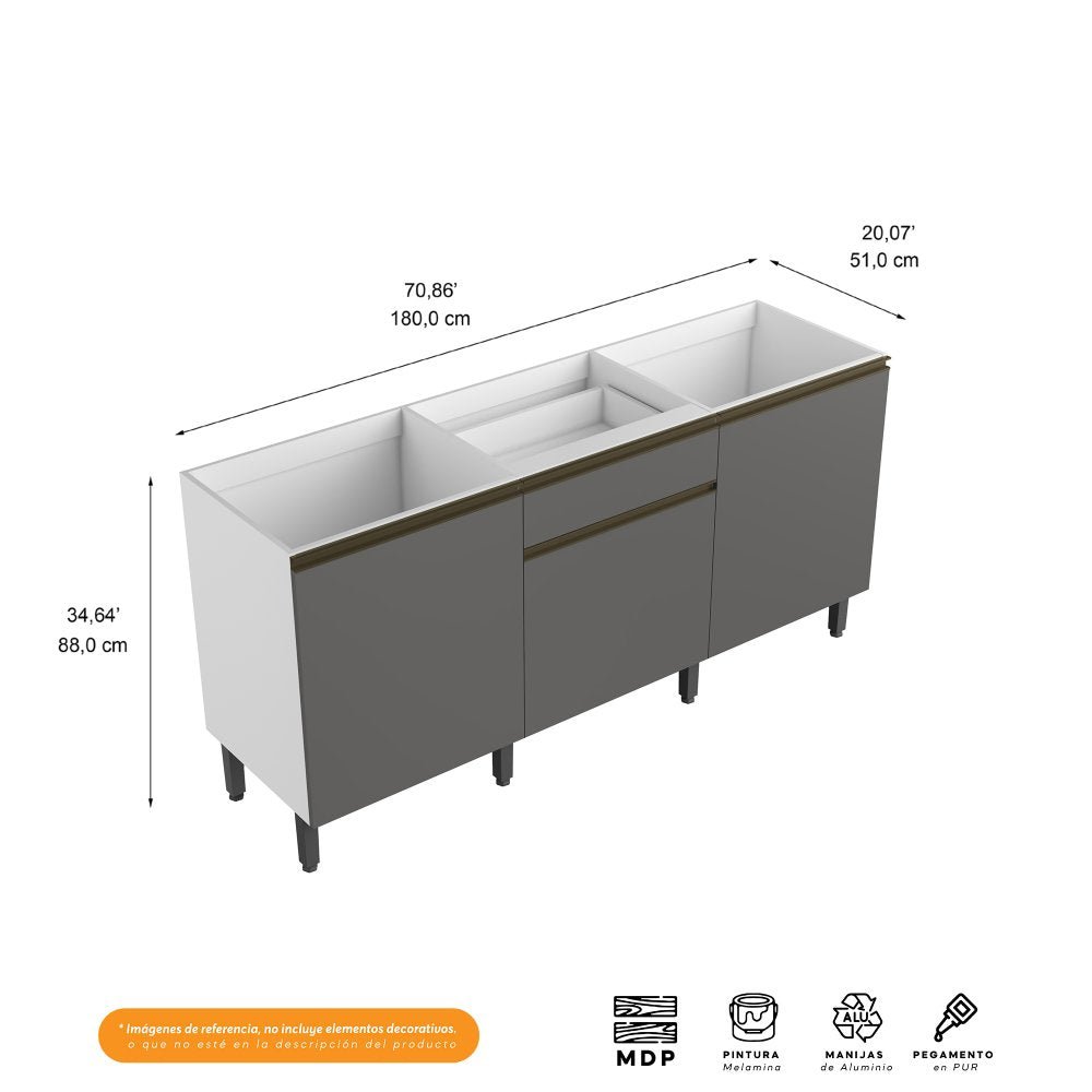 Mueble Inferior Santiago Grafito 180 cm sin Mesón - Cocinas | Bylmo