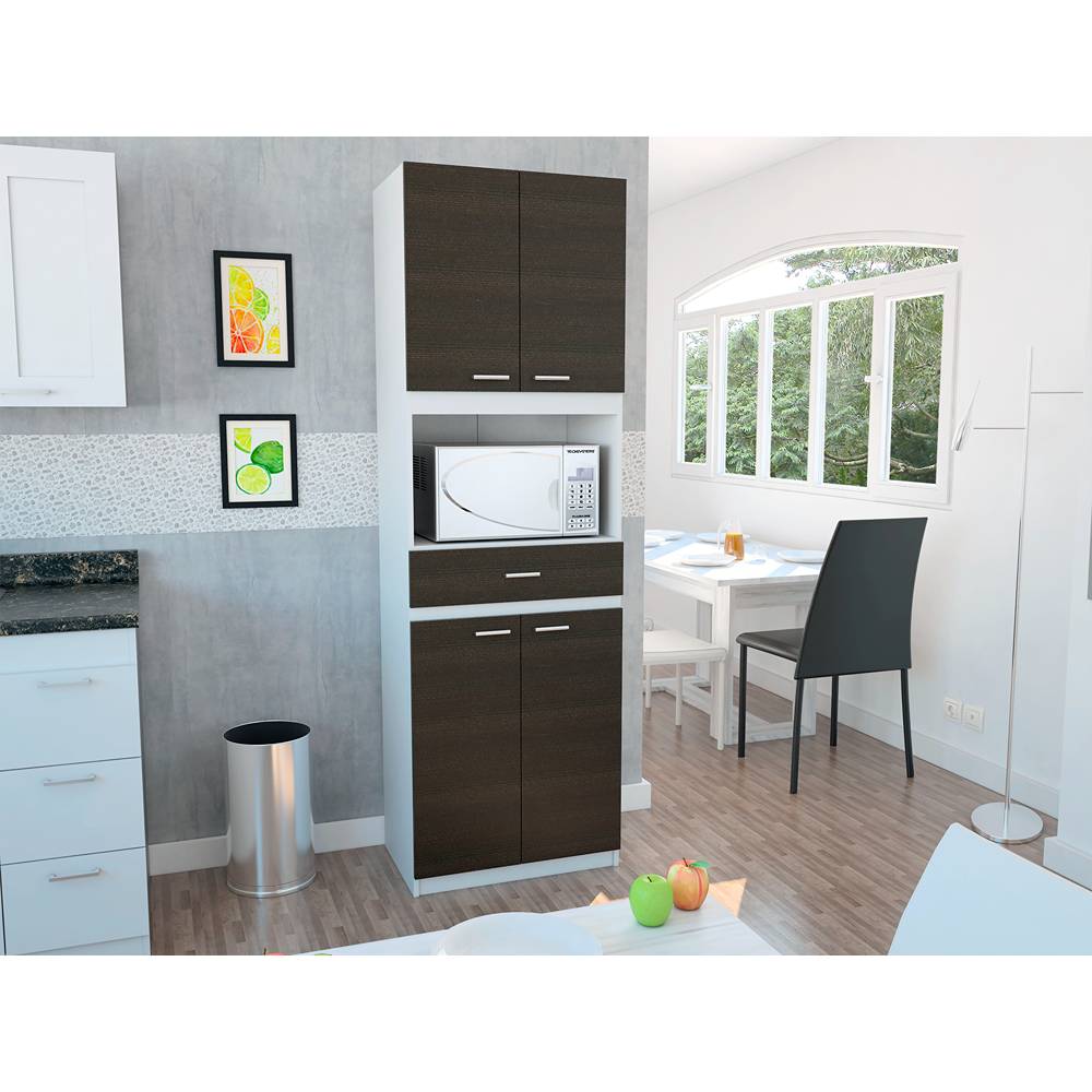 Mueble Microondas Bau Wengue y Blanco 62 cm con Cuatro Puertas y Un Cajón - Muebles Organizadores | Bylmo