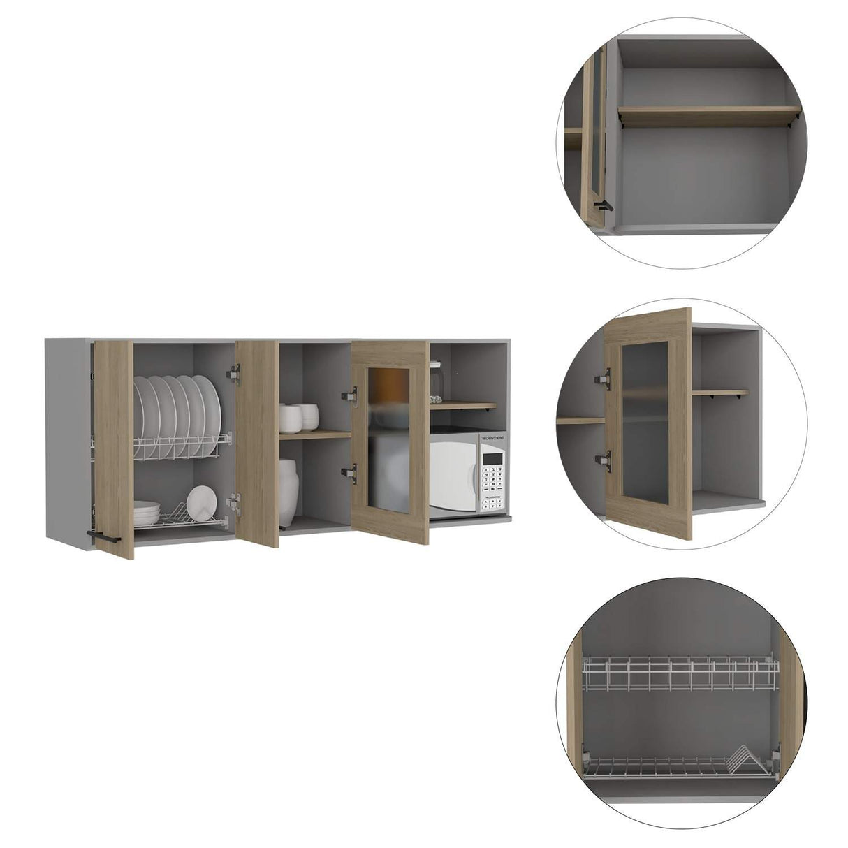 Mueble Superior de Cocina Hasselt Gris y Rovere 150x60cm con Tres Puertas con Locero y con Espacio para Microondas - Muebles Superiores | Bylmo