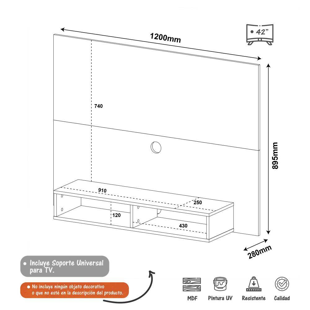 Panel de TV Almendra y Negro 120x89cm para TV Hasta 42 Pulgadas con Ranuras para Cables y con Dos Compartimientos - Muebles para TV | Bylmo