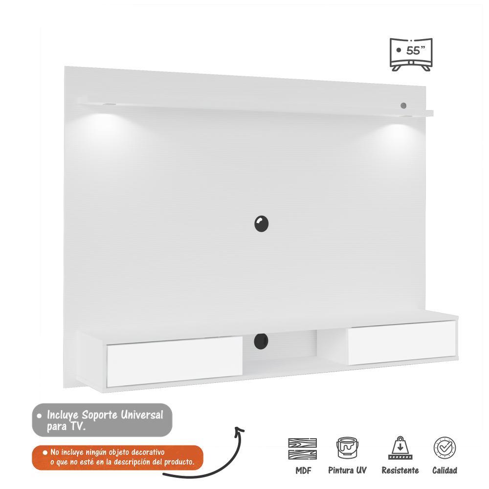Panel de TV Platinum Blanco 124.5x180cm Para TV Hasta 55 Pulgadas con Dos Cajones y con Ranuras para Cables - Muebles para TV | Bylmo