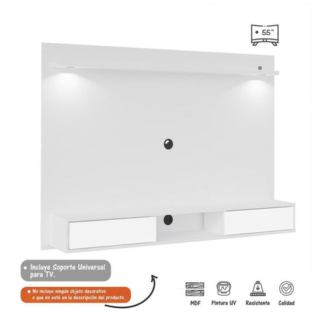 Panel de TV Platinum Blanco 124.5x180cm Para TV Hasta 55 Pulgadas con Dos Cajones y con Ranuras para Cables - Muebles para TV | Bylmo