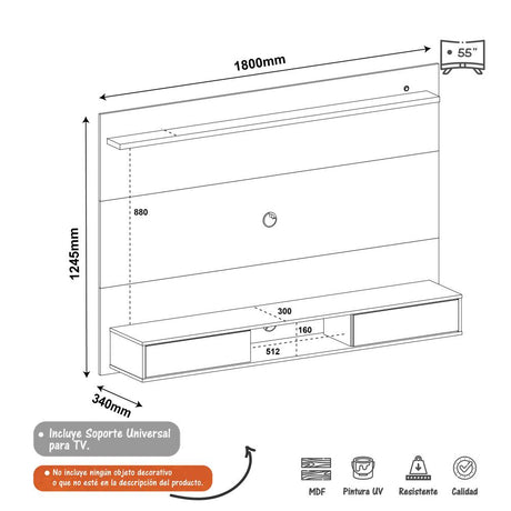 Panel de TV Platinum Blanco 124.5x180cm Para TV Hasta 55 Pulgadas con Dos Cajones y con Ranuras para Cables - Muebles para TV | Bylmo