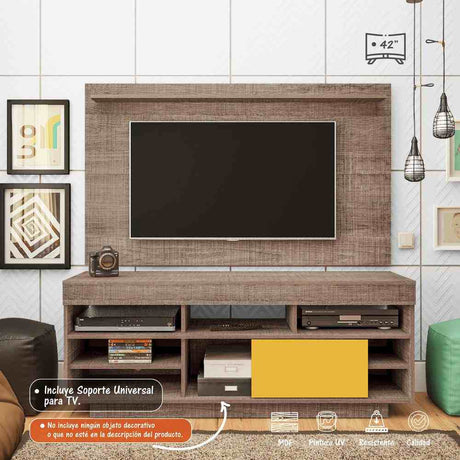 Combo Mueble y Panel de TV Roma Canela y Amarillo 140x139cm para TV Hasta 42 Pulgadas con Ranuras para Cables y con Siete Compartimientos - Muebles para TV | Bylmo