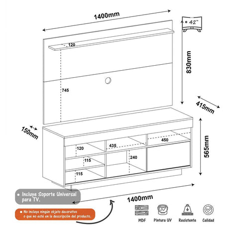 Combo Mueble y Panel de TV Roma Canela y Amarillo 140x139cm para TV Hasta 42 Pulgadas con Ranuras para Cables y con Siete Compartimientos - Muebles para TV | Bylmo