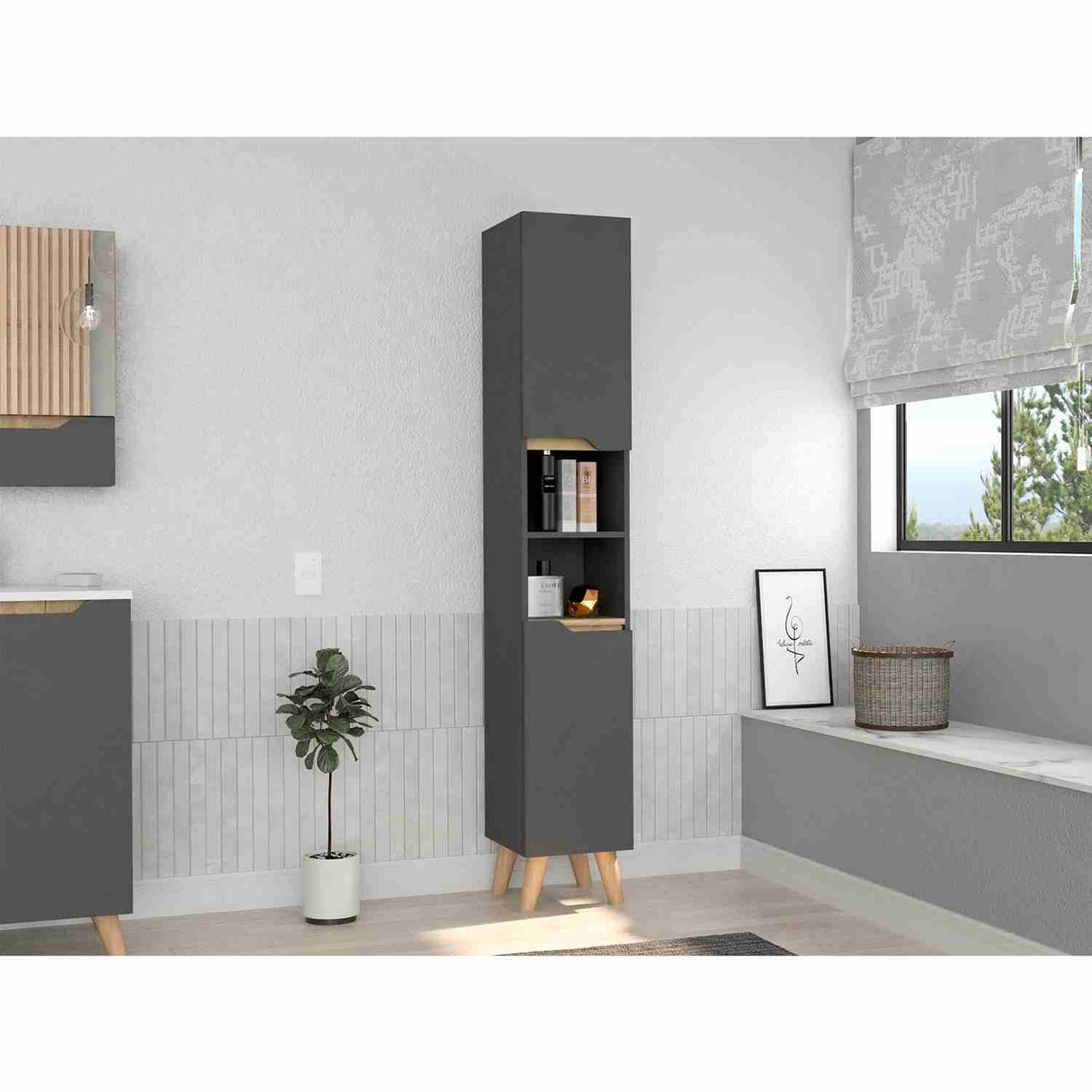 Mueble Columna para Baño Laurent Plomo 30x180cm sin Cajones y con Un Entrepaño - Muebles para Baño | Bylmo