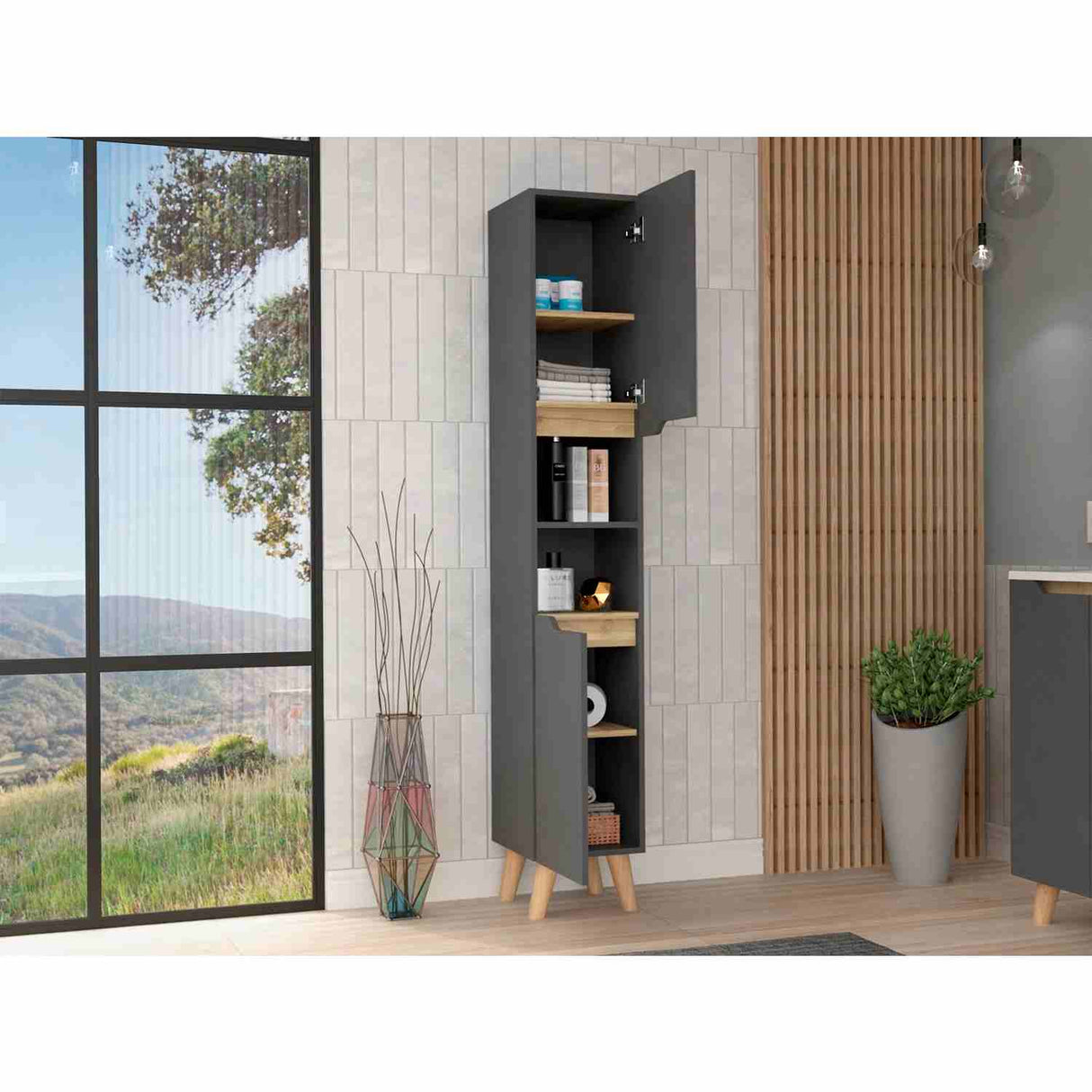 Mueble Columna para Baño Laurent Plomo 30x180cm sin Cajones y con Un Entrepaño - Muebles para Baño | Bylmo