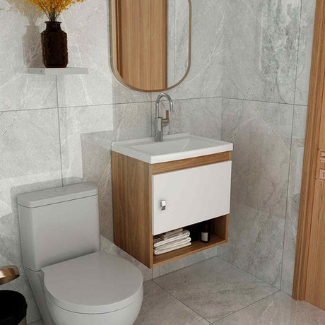 Mueble para Lavamanos Linz Teca y Blanco 45x49cm Individual con Lavamanos y con con Una Puerta - Muebles para Baño | Bylmo