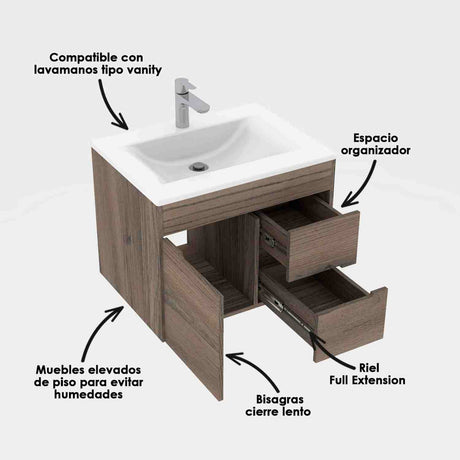 Mueble para Baño Tiziano Mitte y Tambo 63 cm Flotante con Lavamanos Trentino - Muebles para Baño | Bylmo