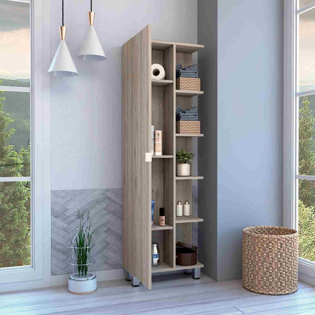 Mueble para Baño Esquinero Urano Ceniza 51x158cm sin Cajones y con Cuatro Entrepaños - Muebles para Baño | Bylmo