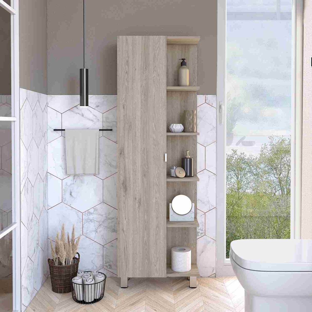 Mueble para Baño Esquinero Urano Ceniza 51x158cm sin Cajones y con Cuatro Entrepaños - Muebles para Baño | Bylmo