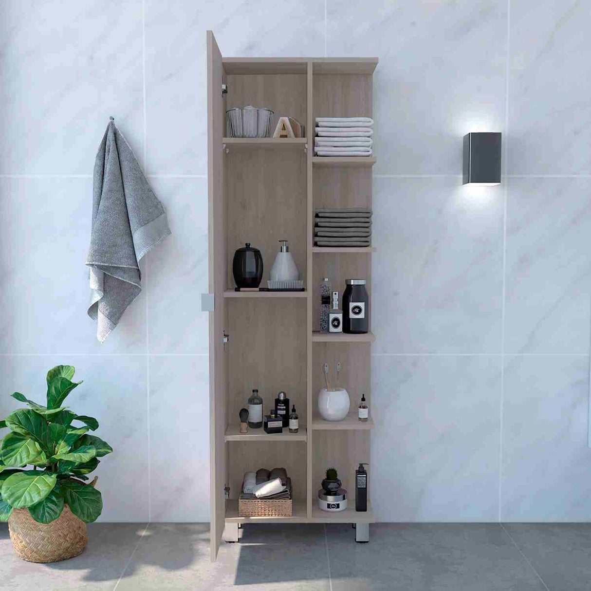 Mueble para Baño Esquinero Urano Ceniza 51x158cm sin Cajones y con Cuatro Entrepaños - Muebles para Baño | Bylmo