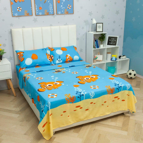 Juego de Sabanas Infantil Microfibra Semidoble 120 cm Azul de Nemo - Ropa de Cama | Bylmo
