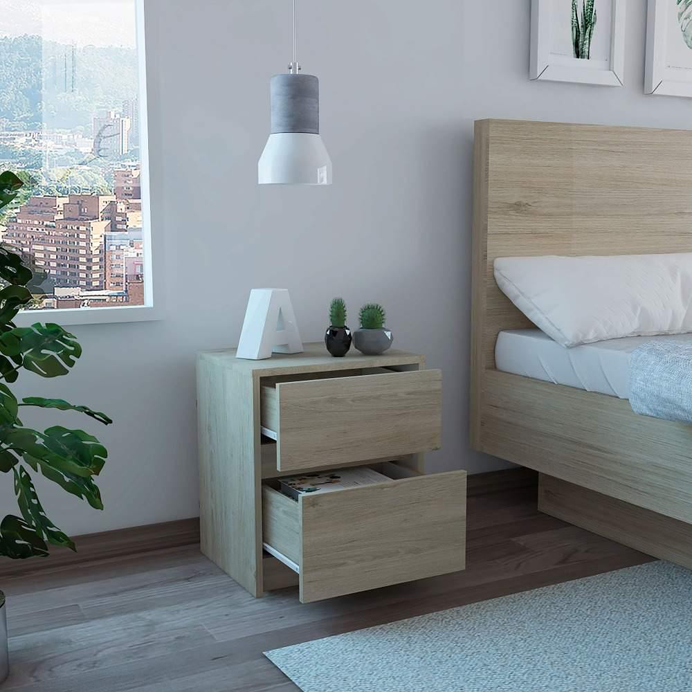 Mesa de Noche Trivor Rovere 40x46cm con Dos Cajones - Mesas de Noche | Bylmo