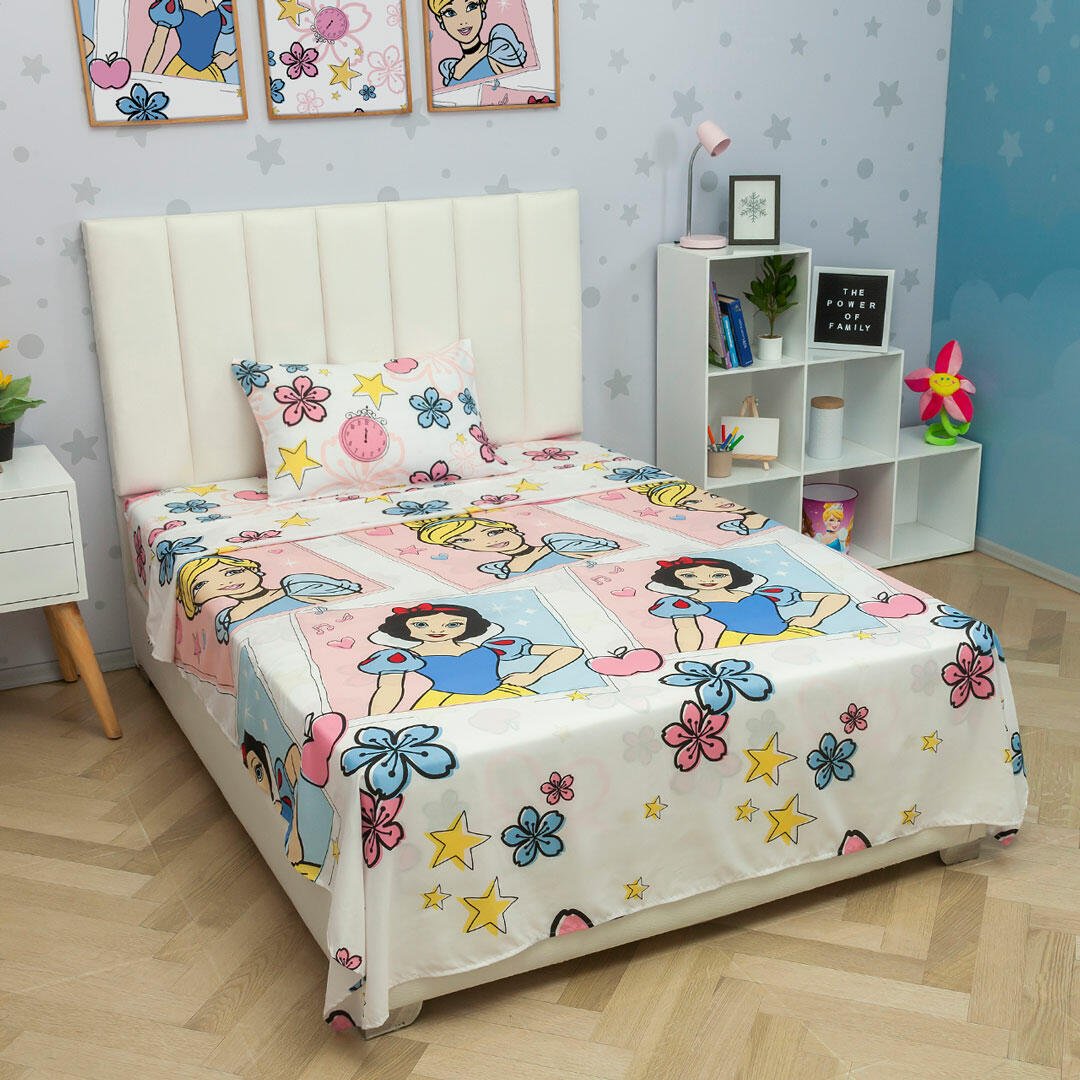 Juego de Sabanas Infantil Microfibra Sencilla 100 cm Blanco de Princesas - Ropa de Cama | Bylmo