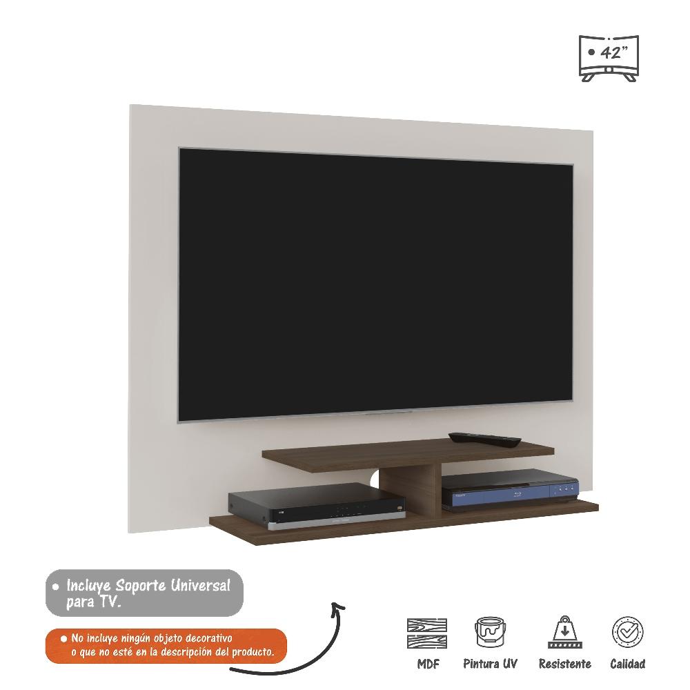 Panel de TV Jet Plus Blanco y Almendra 120x89cm Para TV Hasta 42 Pulgadas sin Cajones y con Ranuras para Cables - Muebles para TV | Bylmo
