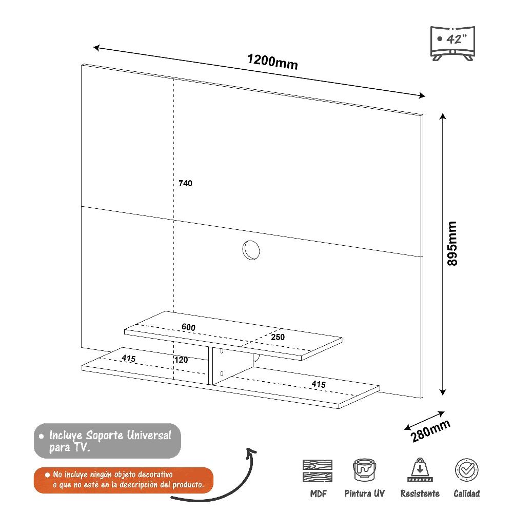 Panel de TV Jet Plus Blanco y Almendra 120x89cm Para TV Hasta 42 Pulgadas sin Cajones y con Ranuras para Cables - Muebles para TV | Bylmo