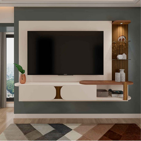 Panel de TV Luxury Pino y Blanco Hueso 200x147cm Para TV Hasta 65 Pulgadas con Dos Cajones y con Ranuras para Cables - Muebles de TV | Bylmo