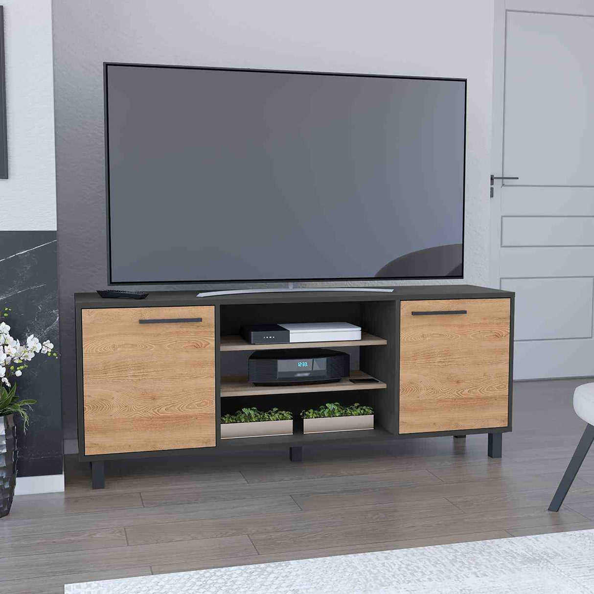 Rack de TV Kaia Wengue 149x58cm Para TV Hasta 65 Pulgadas con Dos Cajones y con Patas - Muebles de TV | Bylmo