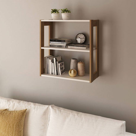 Repisa Cáceres Teca y Blanco 57x25.7cm Rectangular con Tres Entrepaños - Repisas y Percheros | Bylmo