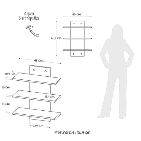 Repisa Ray Rovere 48 cm Rectangular Flotante con Entrepaños - Repisas y Percheros | Bylmo