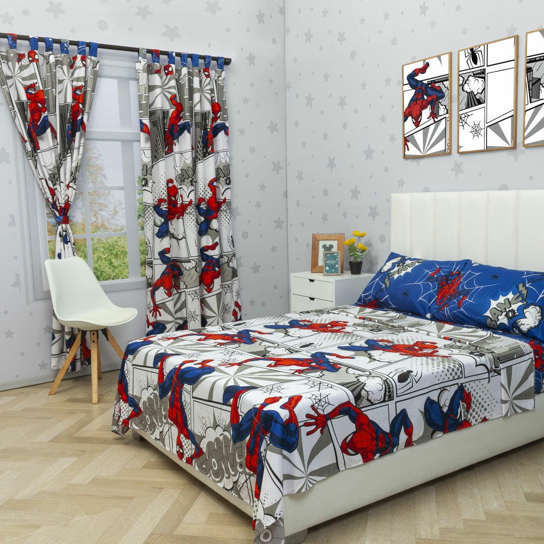 Combo Juego de Sabanas y Cortina Infantil Microfibra Doble 140 cm Blanco de Spiderman - Ropa de Cama | Bylmo