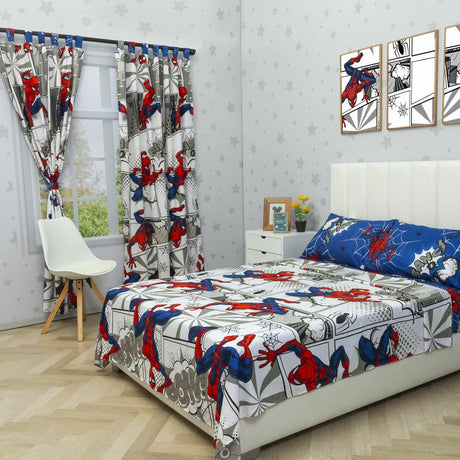 Combo Juego de Sabanas y Cortina Infantil Microfibra Doble 140 cm Blanco de Spiderman - Ropa de Cama | Bylmo