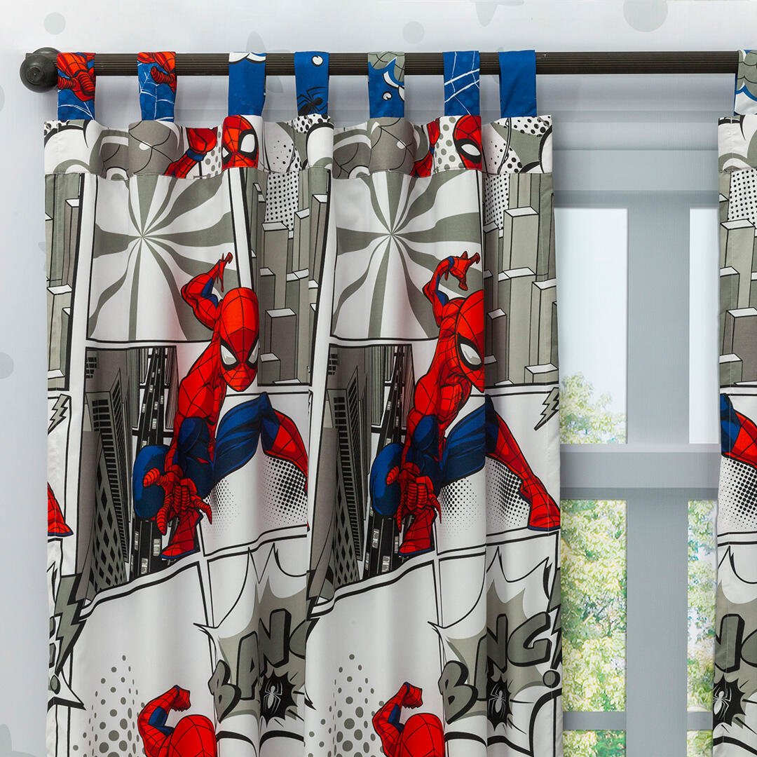 Combo Juego de Sabanas y Cortina Infantil Microfibra Doble 140 cm Blanco de Spiderman - Ropa de Cama | Bylmo