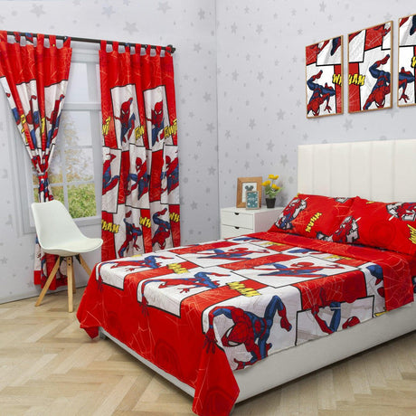 Combo Juego de Sabanas y Cortina Infantil Rojo Semidoble 120 X 190 Cm de Spiderman - Ropa de Cama | Bylmo