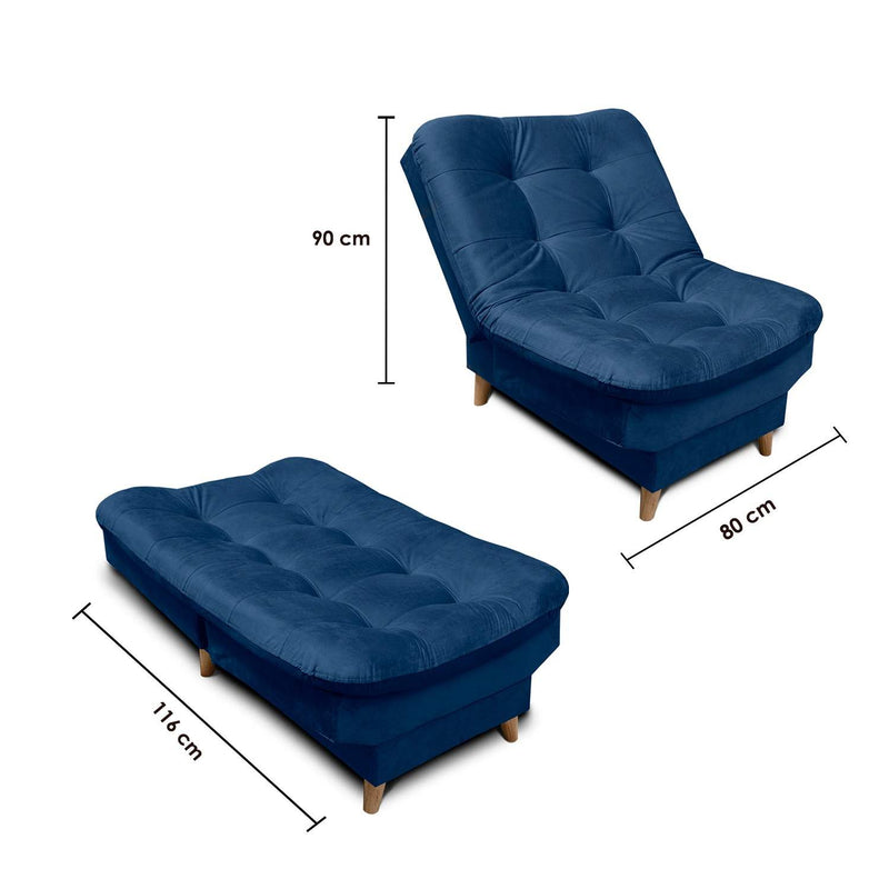 Sala Clic Clac Fendik Azul 210 cm con Sofá de 3 Puestos, 2 Poltronas Reclinables y Cojines Decorativos